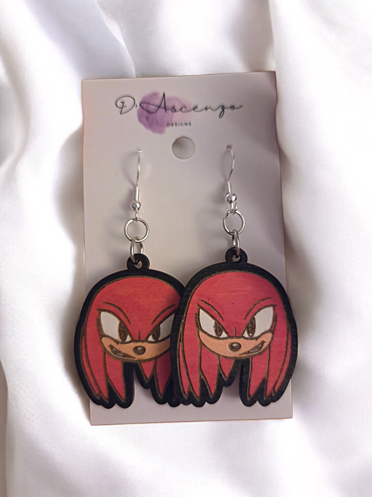 Sonic Handmade Wooden Dangle Earrings: Knuckles