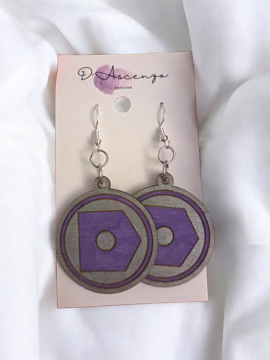 ROTTMNT Handmade Wooden Dangle Earrings: Donnie's Logo